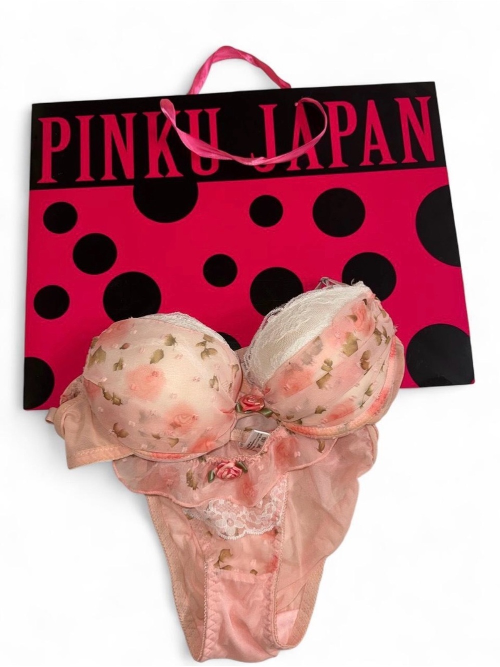 Rare Pinku Japan Floral Lace Push-Up Bra & Bikini Set in Peach